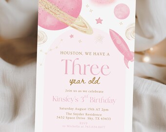 Editable 3rd Birthday Space Theme Planet Birthday Party Third Birthday Girl Pink Pastel Download Houston We Have a Three Year Old 693B