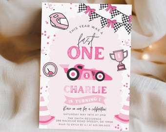 Invitación de cumpleaños "Primera vuelta para niña", Invitación de cumpleaños "Rápido UNO", ¡A correr!, Fiesta de coches de carreras, Rosa, ¡Arrancad vuestros motores!, Rápido UNO 855B