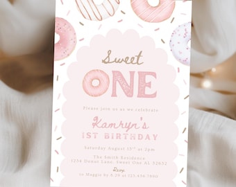 Editable Donut Birthday Invitation Template Printable Sweet One Birthday Invite Pink Coquette Girl First Birthday Invite 1st Donut 097A