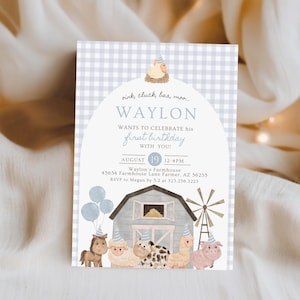 Könnte beinhalten: Einladung zum Geburtstag mit Bauernhof-Motiv und dem Text "WAYLON möchte seinen ersten Geburtstag mit dir feiern!" Die Einladung zeigt Illustrationen von Hoftieren, einer Scheune und einer Windmühle. Das Datum ist der 19. August, 12-16 Uhr.