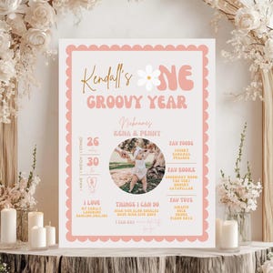 Groovy One Birthday Milestone Poster, Retro Milestone Poster, Hippie 70's Peace Sign 1st Birthday Instant Editable Template, 734MP