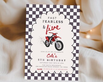 Editable Fast & Five Dirt Bike Birthday Party Invitation Boy Racing Dirt Biking 5th Birthday Invitation Fast Fearless Five Download 753E