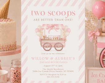 Editable Ice Cream Truck Twin Birthday Invitation Twin Ice Cream Birthday Invitation Two Scoops Are Better Than One Twins Joint Invite 550CN