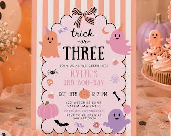Trick or Three Birthday , EDITABLE Halloween 3rd Birthday Invitation Ghost Invitation Spooky Invitation Spooktacular, Text Evite  502D