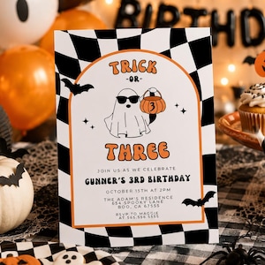 Trick or THREE Halloween Ghost Party Invitation | Digital Download | Retro Spooky Ghost 3rd Birthday Invite | Hand Drawn Coquette 514E