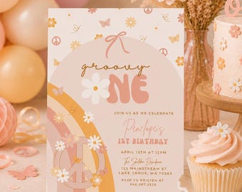 Coquette First Birthday, Groovy One Birthday Party Invitations, Bows Peace Sign Daisy Girl 1st Birthday One 734AN