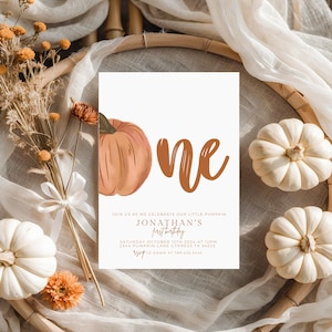 Little Pumpkin First Birthday Invitation Template Fall 1st Birthday, Photo Birthday Invitation, Our Litle Pumpkin is One Birthday Party 545A