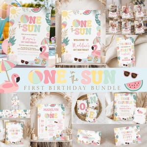 Könnte beinhalten: Eine Sammlung von Partyzubehör mit tropischem Thema. Das Design umfasst einen Flamingo, Sonnenbrillen, Wassermelone und den Text "One in the Sun". Das Set enthält Einladungen, Schilder und Etiketten für eine erste Geburtstagsfeier.