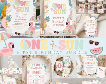 May include: A collection of party supplies with a tropical theme. The design includes a flamingo, sunglasses, watermelon, and the text "One in the Sun." The bundle includes invitations, signs, and labels for a first birthday celebration.