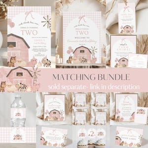 May include: A selection of pink and white farm-themed birthday party stationery. Includes invitations, welcome signs, gift tags, and cupcake toppers. The text reads "Emma is turning two" and "Welcome to Emma's 2nd Birthday".