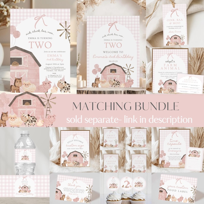 May include: A selection of pink and white farm-themed birthday party stationery. Includes invitations, welcome signs, gift tags, and cupcake toppers. The text reads "Emma is turning two" and "Welcome to Emma's 2nd Birthday".