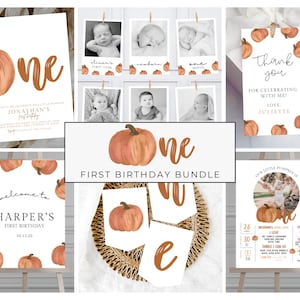 リトルパンプキンの1歳の誕生日招待状テンプレート 秋の1歳の誕生日、手描きのコケット、私たちのリトルパンプキンは1歳の誕生日バンドル545A