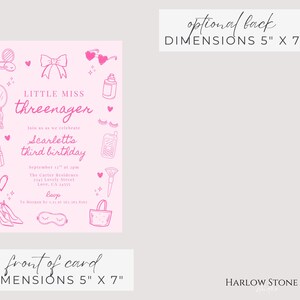 May include: A pink birthday invitation card measuring 5 inches by 7 inches featuring line art illustrations of a bow, heart-shaped sunglasses, lipstick, high heels, and a mirror. The text reads Little Miss Threenager, Scarlett's third birthday.