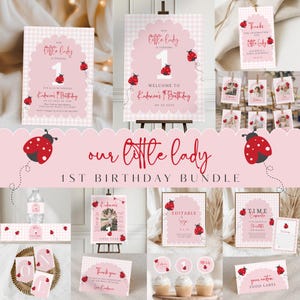 Puede incluir: Una colección de decoraciones para fiestas con temática de mariquitas rosas y blancas. Incluye invitaciones, letreros, etiquetas y adornos para cupcakes. El texto dice "Our Little Lady 1st Birthday Bundle" y "Kadence's Birthday".