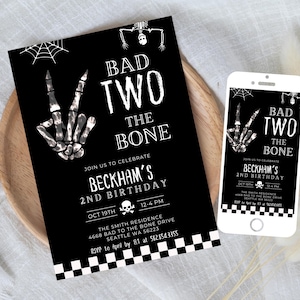 Bad TWO The Bone 2nd Birthday Party Invitation, Instant Download, Skeleton Peace Hand Invitation,  Editable Template, Boy 2nd Birthday 532B