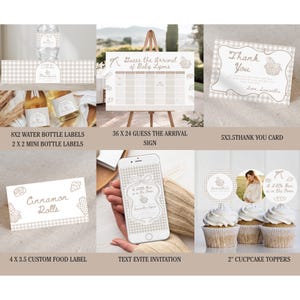 May include: A collection of baby shower party supplies with a gingham pattern. Includes water bottle labels, a sign, thank you cards, food labels, a text invitation on a phone, and cupcake toppers. The theme is a baby shower.