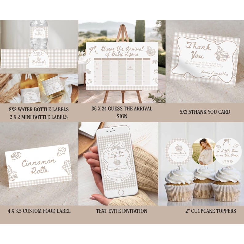 May include: A collection of baby shower party supplies with a gingham pattern. Includes water bottle labels, a sign, thank you cards, food labels, a text invitation on a phone, and cupcake toppers. The theme is a baby shower.