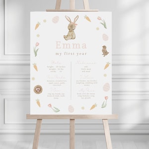 Tablero de hitos del cumpleaños del conejito de Pascua, tablero de mi primer año, estadísticas del primer año, cumpleaños de niña, un conejito, plantilla editable, INSTANTÁNEO 024MP2