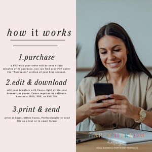 May include: A graphic with the text "how it works" and numbered steps for purchasing, editing, and printing a template. A woman is smiling while holding a smartphone. The Happy Harlow Design logo is in the bottom right corner.
