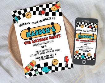 Skateboard Birthday Invitation, Boy Birthday Invite Skate Party Skateboard Retro Checker Smiley Face Editable ANY AGE birthday Template 806A