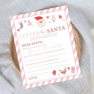 Weihnachten einfach zu drucken Brief an Santa, Weihnachtswunschliste, Geburtstagsspiel, Rosa Weihnachten druckbare Brief an Santa, bearbeitbare Vorlage,003ES1