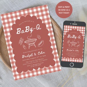 May include: A Baby-Q invitation with a red and white gingham pattern background. The invitation features a scalloped edge with the text "Baby-Q" and details for the event, including the parents' names, date, time, and location. A smartphone displays the same invitation.