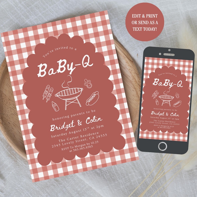 May include: A Baby-Q invitation with a red and white gingham pattern background. The invitation features a scalloped edge with the text "Baby-Q" and details for the event, including the parents' names, date, time, and location. A smartphone displays the same invitation.