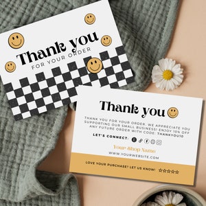 Retro Thank You Card Template, Editable Small Business 70s Groovy Thank You Card, Smiley Package Insert, Printable Checkered Thank You TY780