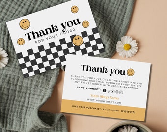 Retro Thank You Card Template, Editable Small Business 70s Groovy Thank You Card, Smiley Package Insert, Printable Checkered Thank You TY780