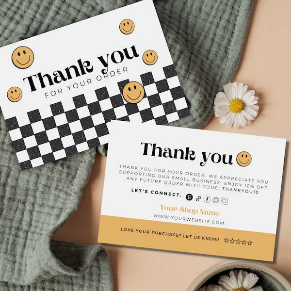 Retro Thank You Card Template, Editable Small Business 70s Groovy Thank You Card, Smiley Package Insert, Printable Checkered Thank You TY780