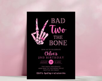 Invitación para fiesta de segundo cumpleaños de Bad TWO The Bone, descarga instantánea, invitación con esqueleto de la paz, plantilla editable, segundo cumpleaños de niña 530A