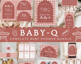May include: A complete Baby-Q baby shower bundle with a red and white gingham pattern. The set includes invitations, signs, food labels, and thank you cards. The text includes "Baby-Q", "Bridget & Colin", and "Welcome to".