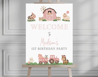 Farm Animals Birthday Welcome Sign Minimal Farm Animal Theme Birthday Welcome Sign Farm Animals Editable Digital Template Pink 013WS