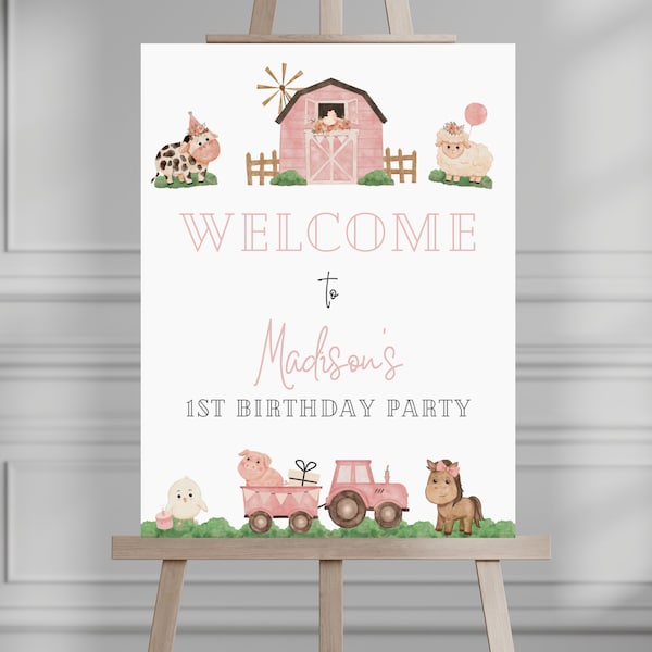 Farm Animals Birthday Welcome Sign Minimal Farm Animal Theme Birthday Welcome Sign Farm Animals Editable Digital Template Pink 013WS