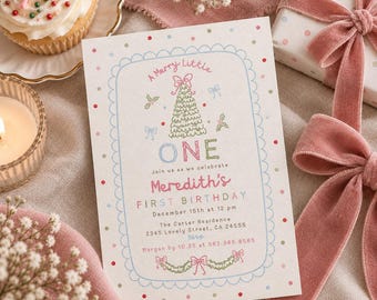 Hand Drawn Winter Merry Little One Girl First Birthday Invitation, Winter Birthday, Pink Christmas Girl Birthday Invite Coquette 843E