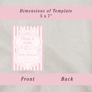 May include: A pink and white invitation template with the text "Dimensions of Template 5 x 7". The invitation features a pink striped background and the words "Pilates & Lattes" and "Stella's Birthday".
