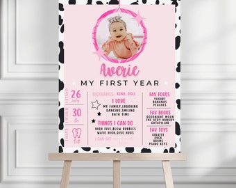 Space Cowgirl First Birthday Milestone Poster Cowgirl 1st Birthday My First Year Stats, Disco Cowgirl Retro Cowhide Instant 724MP