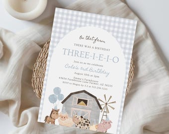 Three-I-E-I-O Birthday Invitation, Boy 3rd Birthday Party Tractor and Farm Animal Theme, Editable Canva Template Digital Download 028C