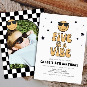 Five is a Vibe, 5th Birthday Invitation Boy, Smiley Face Birthday, Happy Face Invites, Checkered, Digital Download 726J