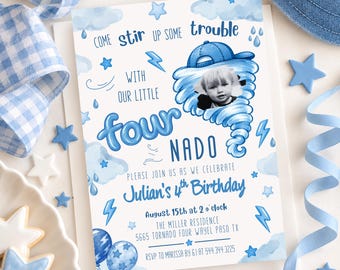 FOUR-nado Birthday Party Invitation | Storm Tornado Party Invitation | Instant Editable Template | Fourth Birthday Invite Blue 519D Photo