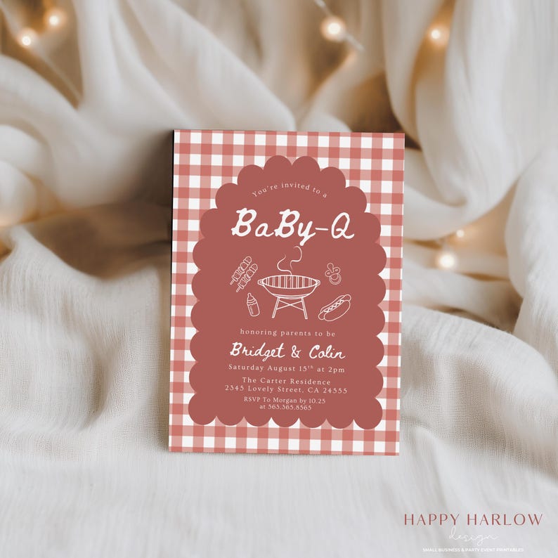 May include: A baby shower invitation with a red and white gingham pattern background. The invitation features a scalloped border with the text "BaBy-Q" and details for Bridget & Colin's baby shower, including date, time, and location.