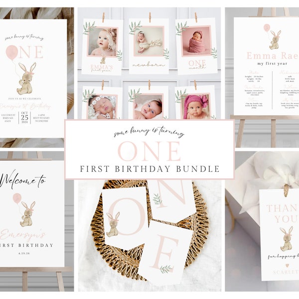 Minimalist Bunny Birthday Invitation Bundle, Somebunny is Turning One, Girl First Birthday Invite, Printable Bundle Set, 023A