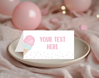 Editable Ice Cream Food Labels Ice Cream Birthday Food Cards Tent Card Girl Pink Gold the Scoop Buffet Label Tent Card Template 549TC