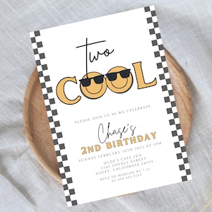 Two Cool Invite Boy, Smile Face Birthday Invitation, Smiley Birthday 2nd Invitation, Two Cool Checkered Invitation, Boy 2nd Birthday  726F