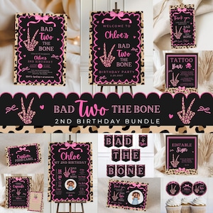 May include: A collection of party decorations with a black and leopard print theme. The decorations include signs, banners, cupcake toppers, and a custom food label. The text includes "Bad Two The Bone" and "Chloe's 2nd Birthday".