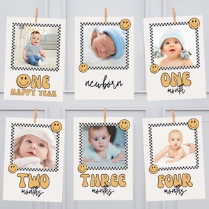 One Happy Dude Birthday Monthly Banner, Smiley Face 1st Birthday Party Decor, Boy 1st Birthday Template, Monthly Banner, Template 726YB