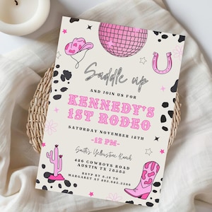 Girl FIRST RODEO Invitation Template, Girl 1st Rodeo Birthday Invitation Template, Disco Cowgirl Disco Western First Birthday Invite 756A