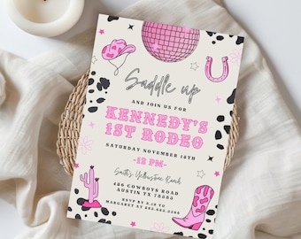 Girl FIRST RODEO Invitation Template, Girl 1st Rodeo Birthday Invitation Template, Disco Cowgirl Disco Western First Birthday Invite 756A