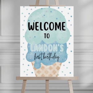 Editable Ice Cream Party Welcome Sign ice Cream Birthday Welcome Ice Cream,, Here&#39;s the scoop Welcome Boy Summer Blue Green Template  548WS
