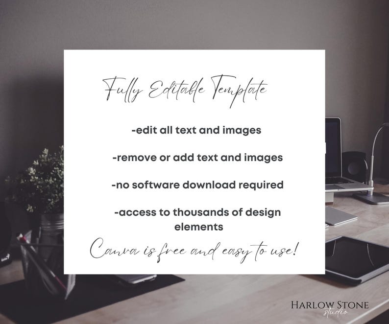 May include: A white card with the text "Fully Editable Template" in a script font. The card lists features: edit text and images, remove or add text, no software download, access to design elements. The text "Canva is free and easy to use!" is also included.